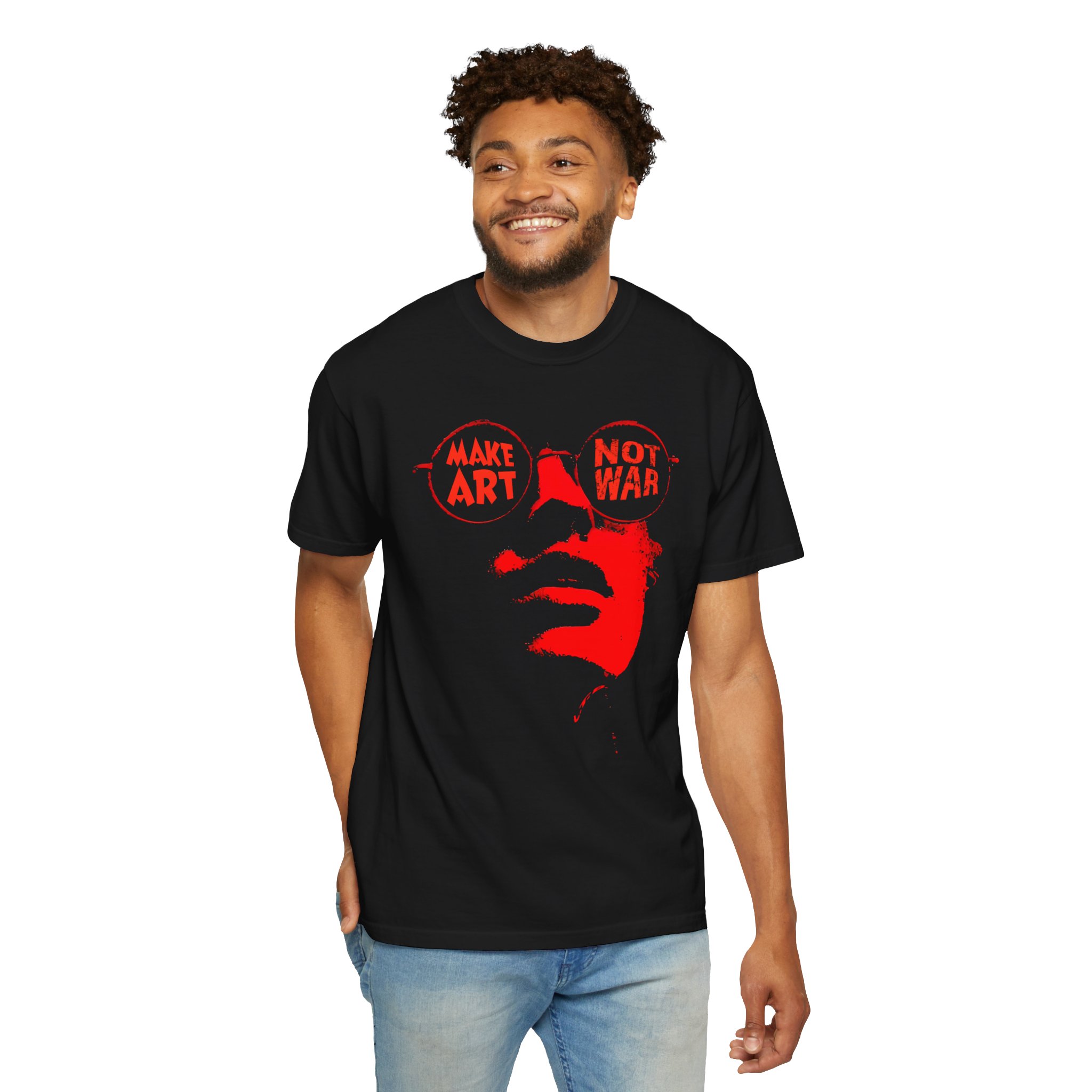 Make Art Not War Sunglasses Face T-Shirt | Bold Red Anti-War Streetwear Tee - Image 3