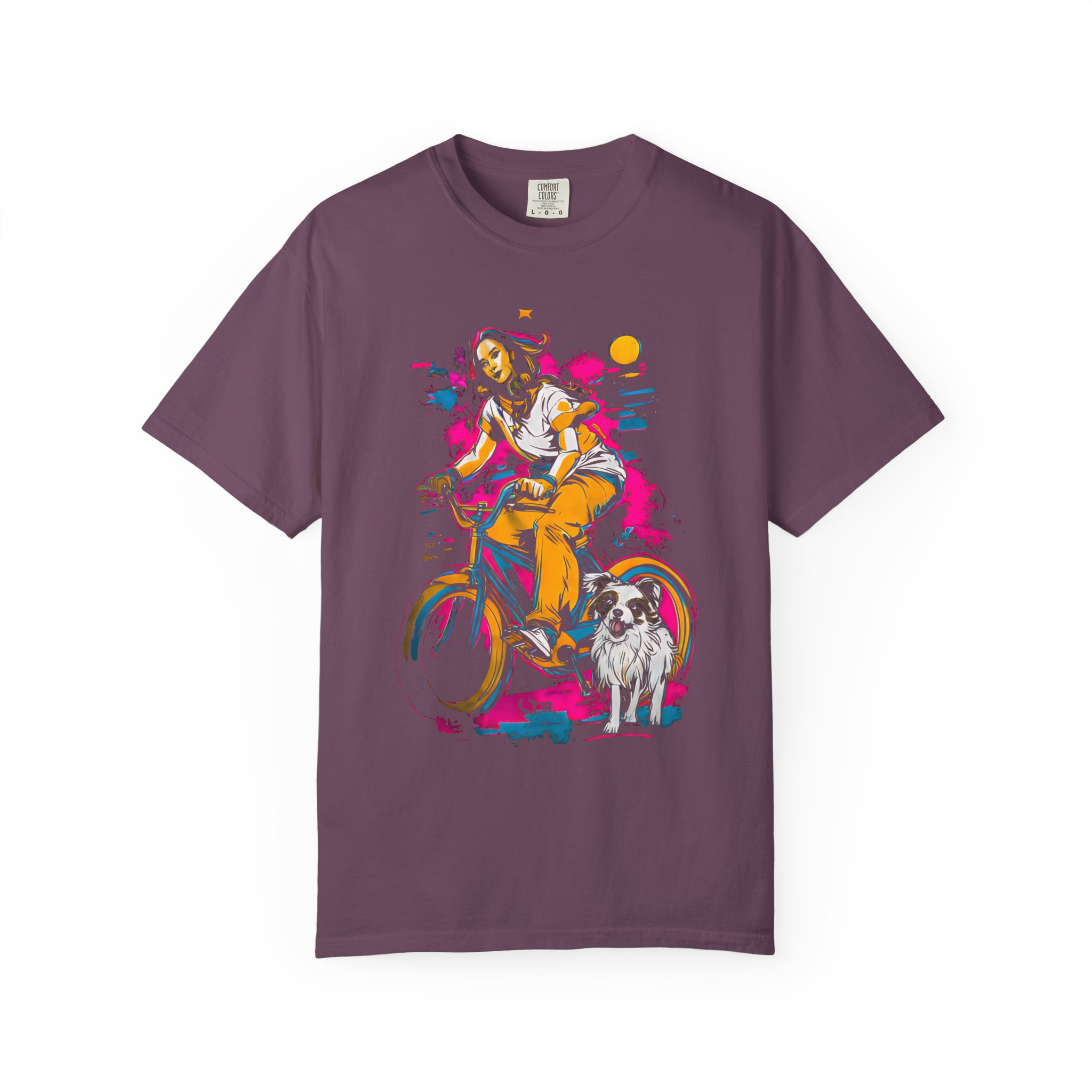 Carefree Girl Riding Bicycle T-Shirt | Vibrant Dog Companion Streetwear Tee - Image 6
