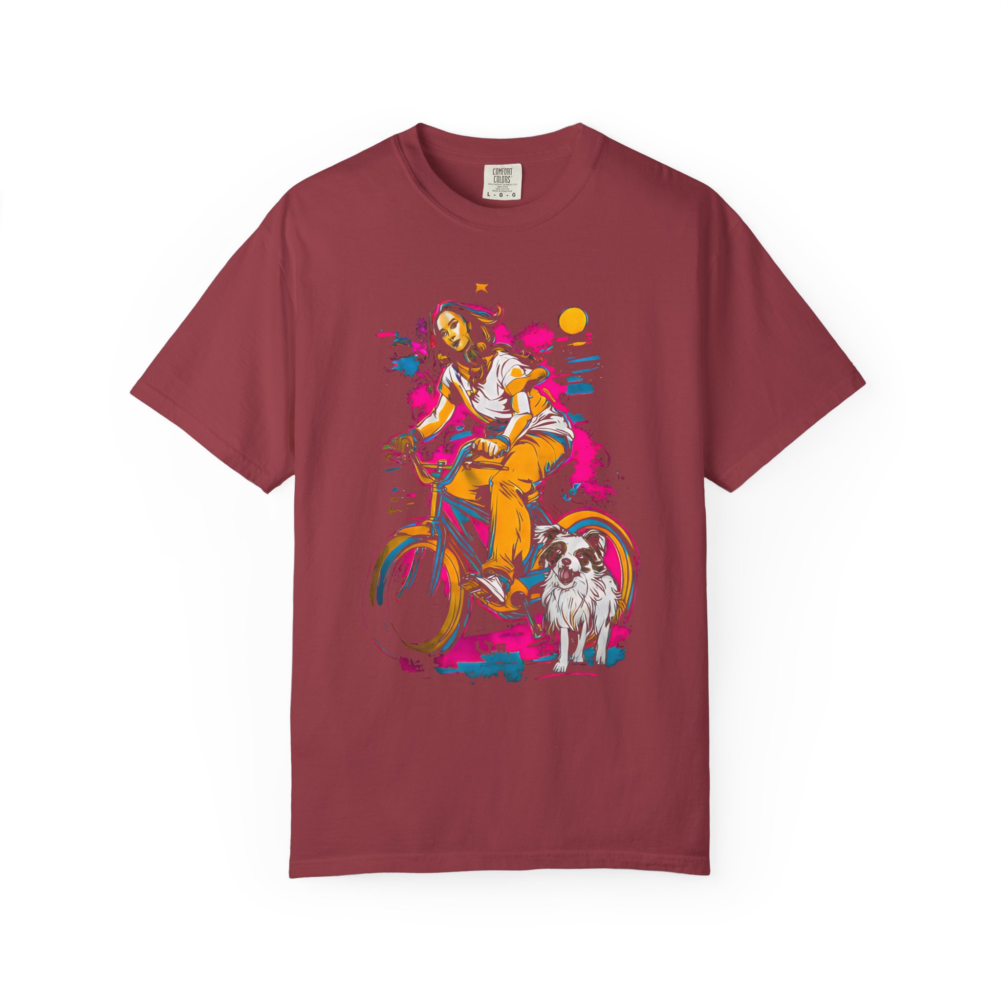 Carefree Girl Riding Bicycle T-Shirt | Vibrant Dog Companion Streetwear Tee - Image 7