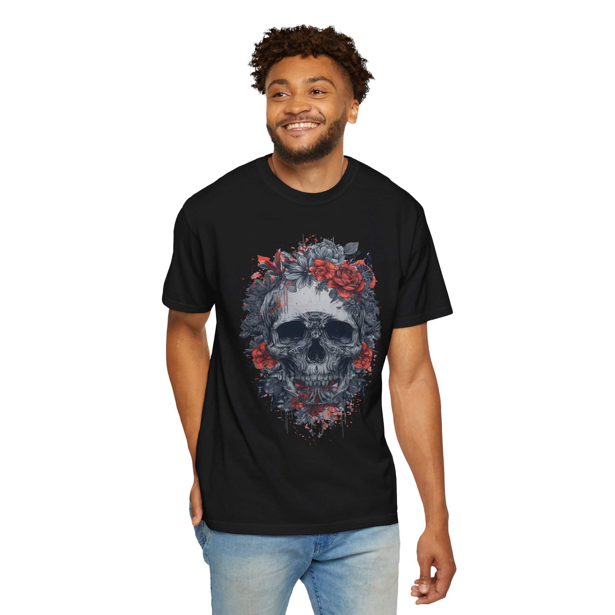 Red Rose Skull T-Shirt | Gothic Floral Streetwear Graphic Tee - Image 2