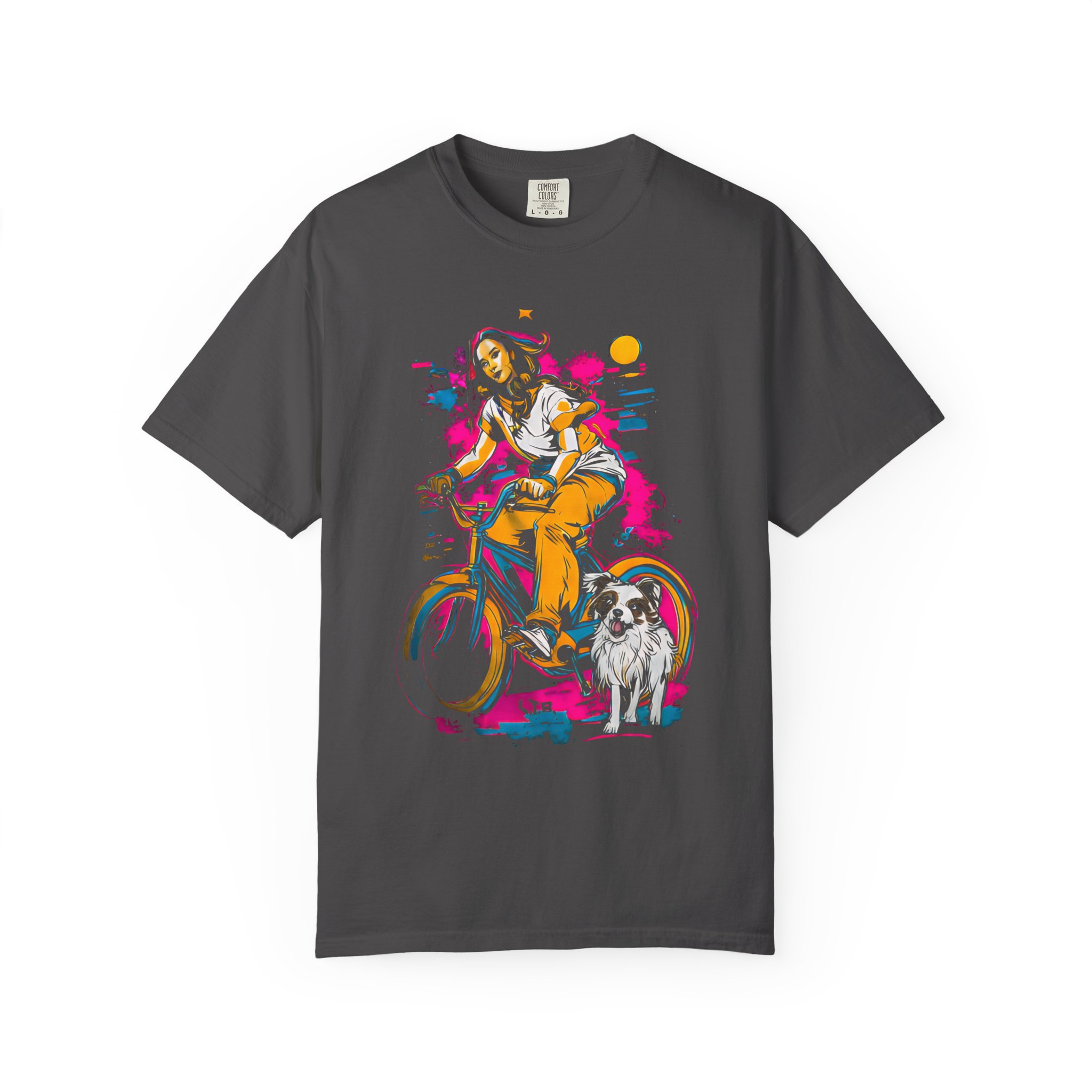 Carefree Girl Riding Bicycle T-Shirt | Vibrant Dog Companion Streetwear Tee - Image 4