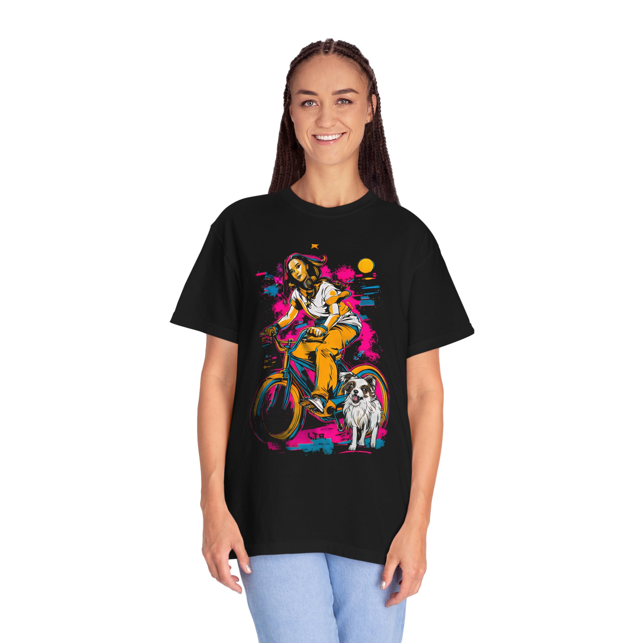 Carefree Girl Riding Bicycle T-Shirt | Vibrant Dog Companion Streetwear Tee - Image 2