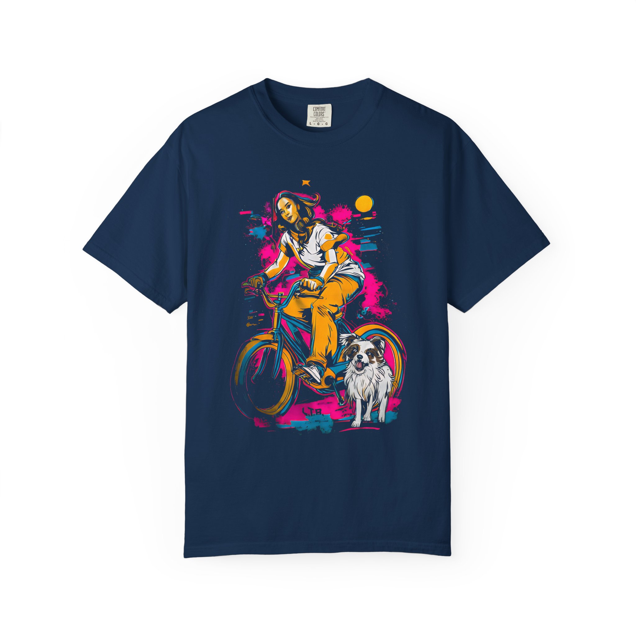 Carefree Girl Riding Bicycle T-Shirt | Vibrant Dog Companion Streetwear Tee - Image 5