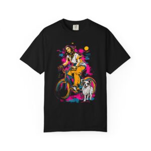 Carefree Girl Riding Bicycle T-Shirt | Vibrant Dog Companion Streetwear Tee