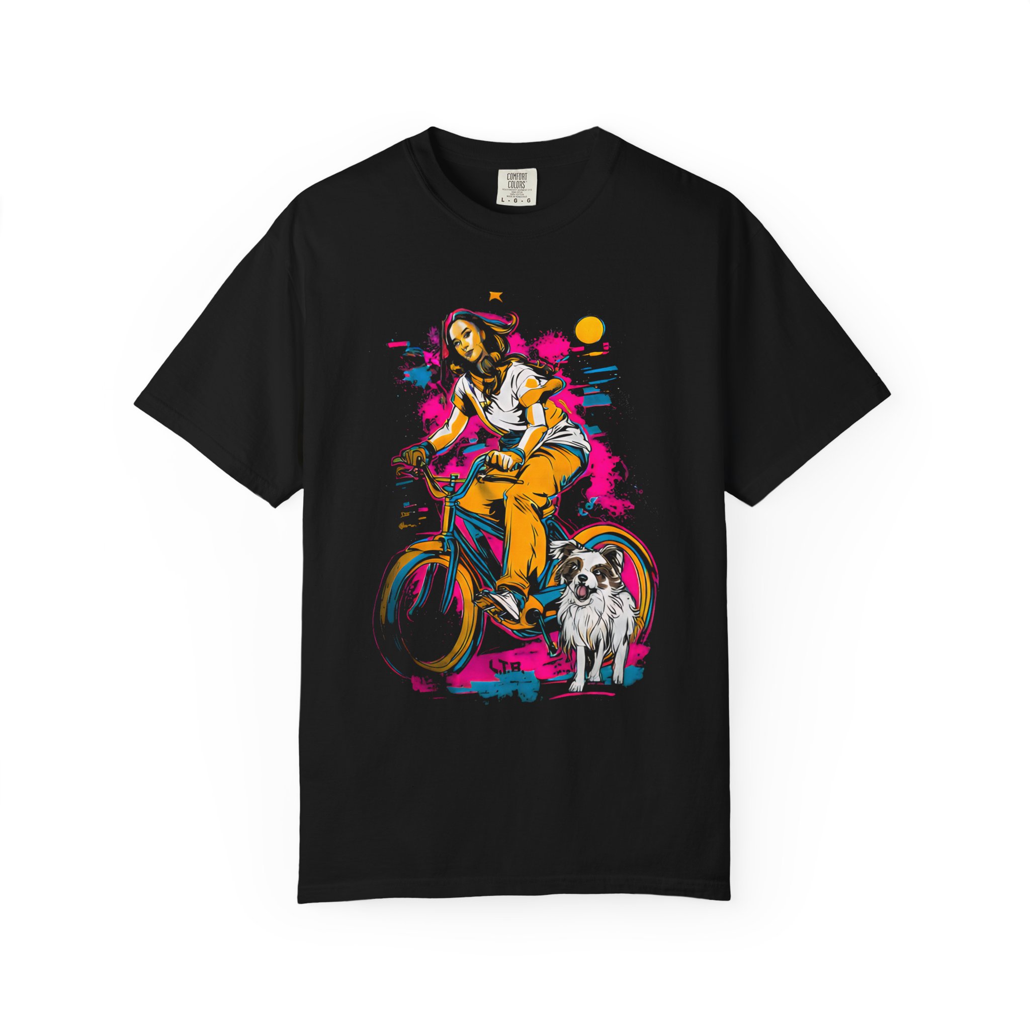 Carefree Girl Riding Bicycle T-Shirt | Vibrant Dog Companion Streetwear Tee