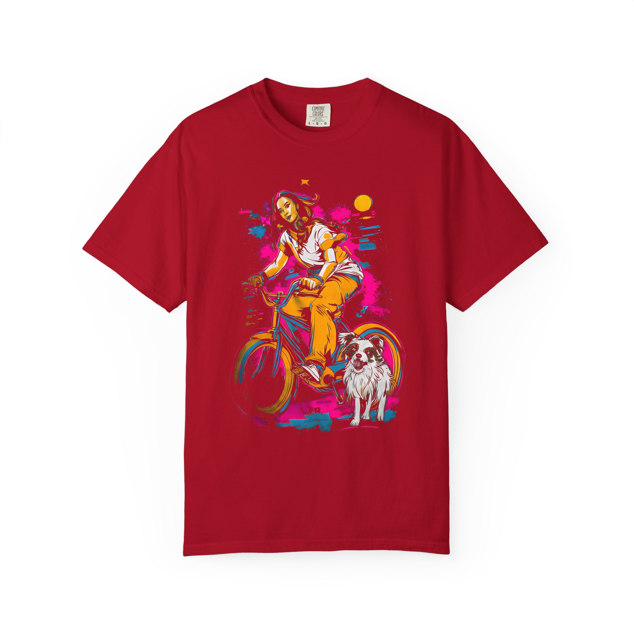 Carefree Girl Riding Bicycle T-Shirt | Vibrant Dog Companion Streetwear Tee - Image 8