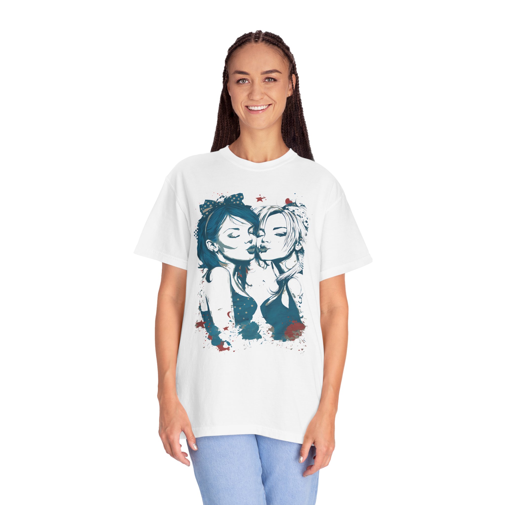 Playful Girls Graphic Portrait T-Shirt | Pop Art Air Kiss Streetwear Tee - Image 2
