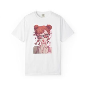 Red-Haired Anime Girl with Sunglasses | Kawaii Heart Graphic T-Shirt
