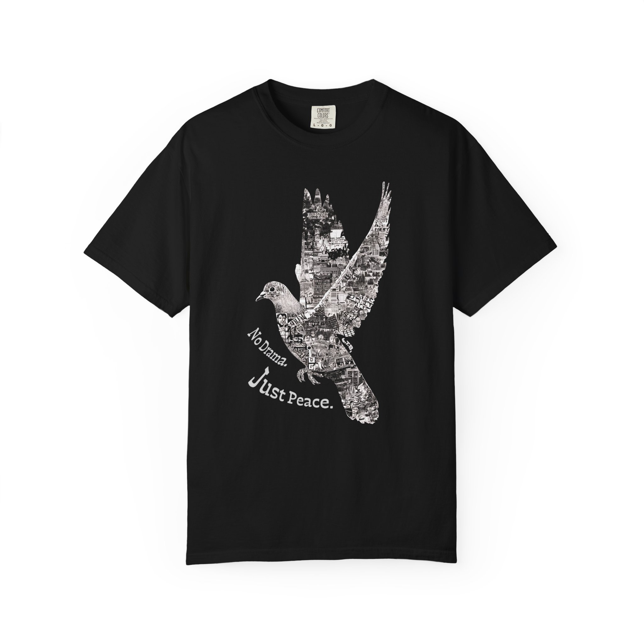 No Drama Just Peace T-Shirt – Dove Collage Graphic Tee for Streetwear