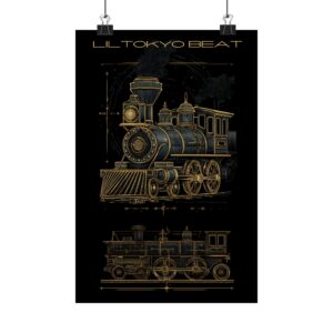 Vintage Steam Locomotive Poster – Gold Blueprint Train Wall Art Print