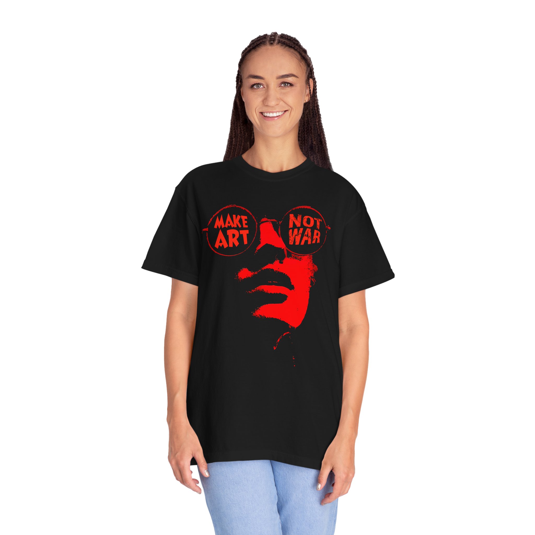Make Art Not War Sunglasses Face T-Shirt | Bold Red Anti-War Streetwear Tee - Image 2