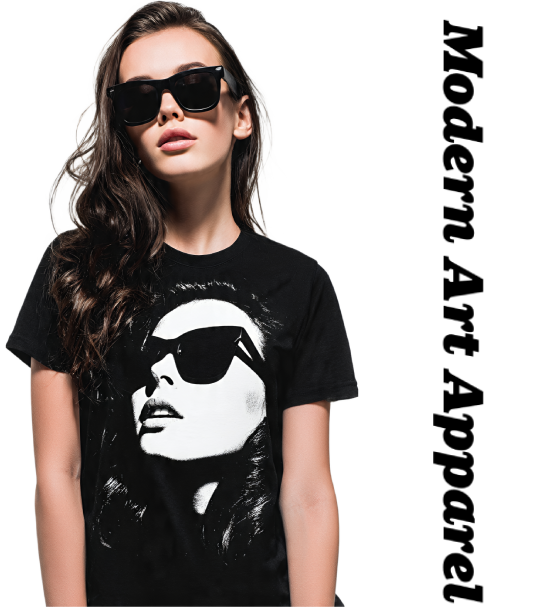 Woman wearing Lil Tokyo Beat sunglasses graphic T-shirt with bold black and white pop art portrait design