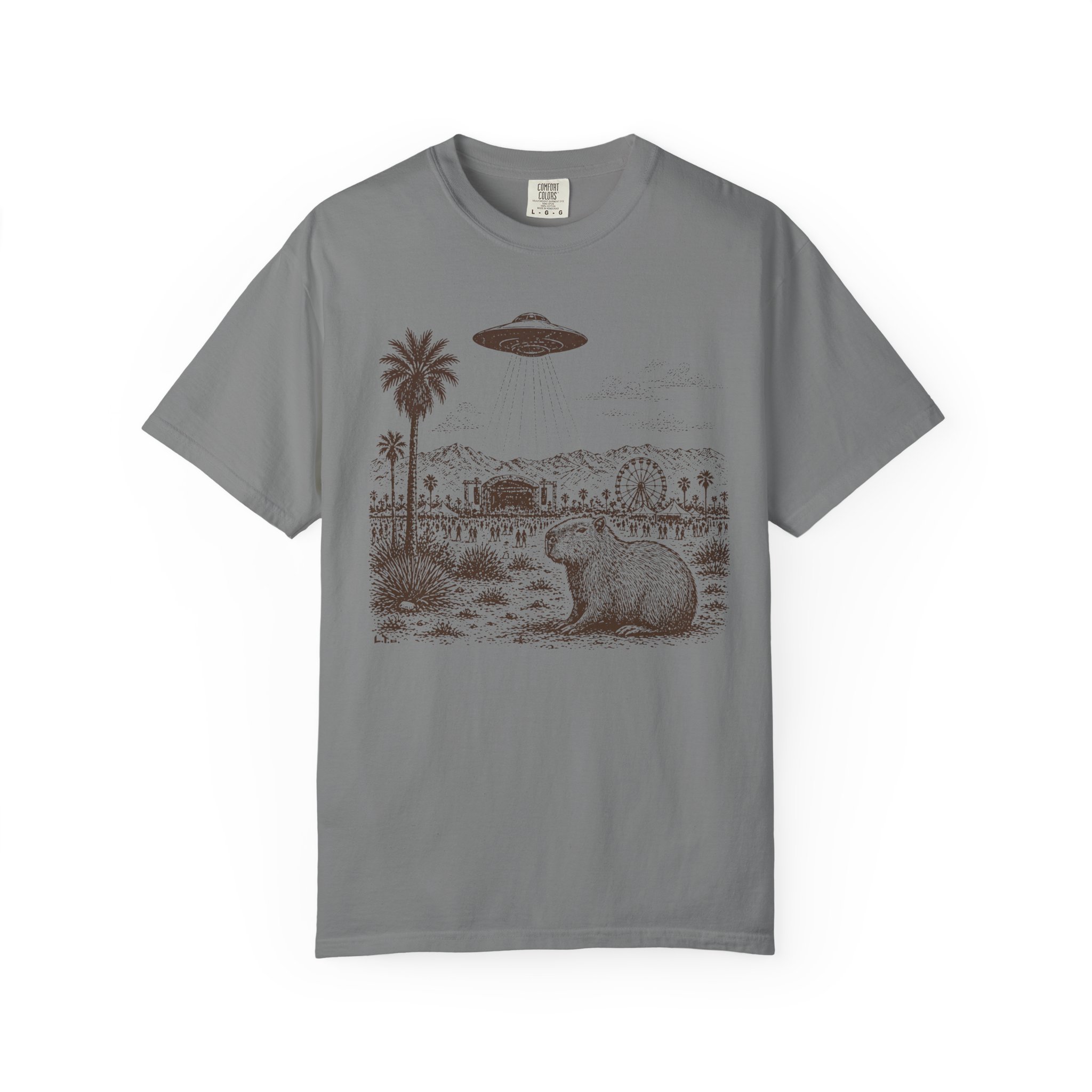 Festival Capybara UFO T-Shirt | Surreal Desert Scene Streetwear Tee - Image 4