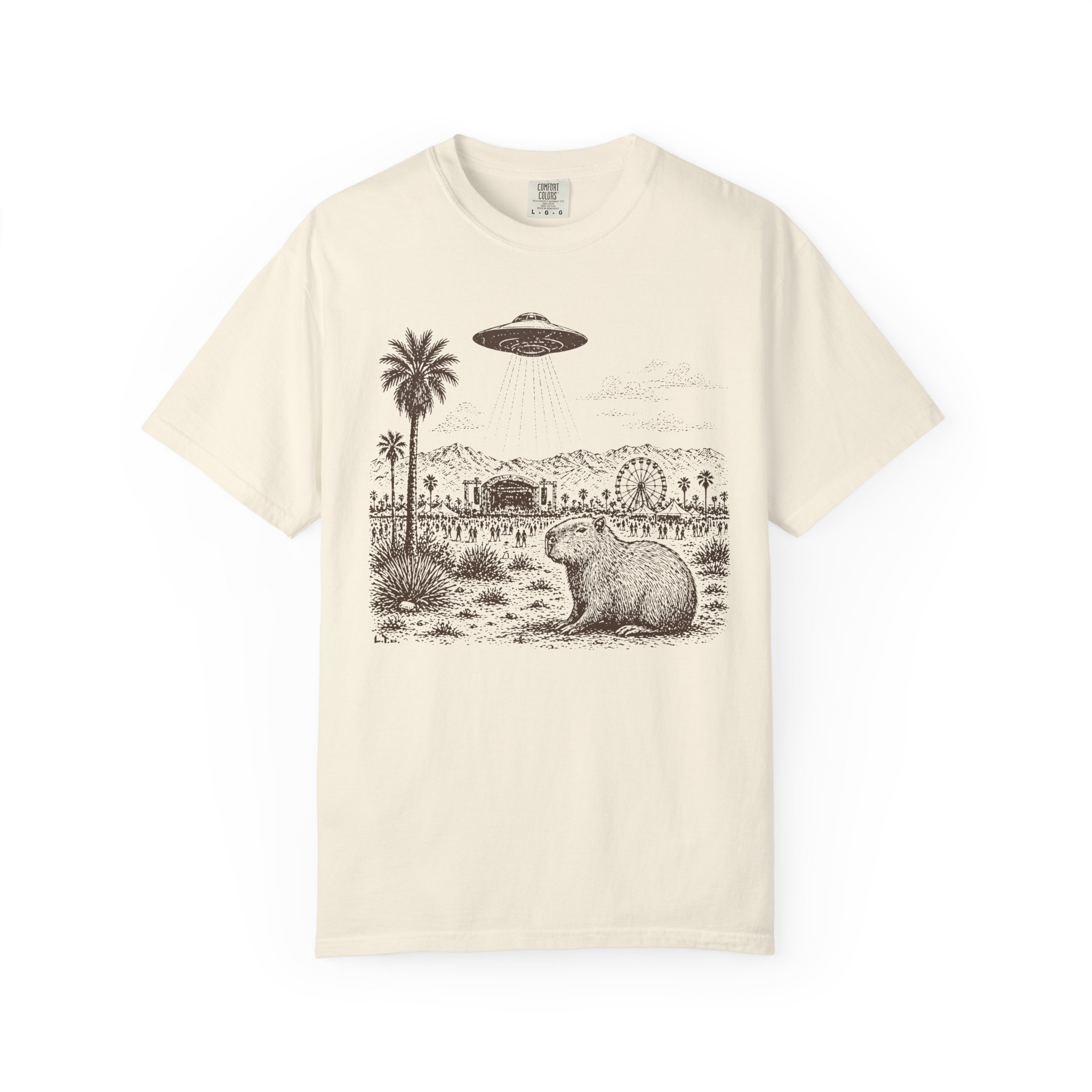 Festival Capybara UFO T-Shirt | Surreal Desert Scene Streetwear Tee - Image 3