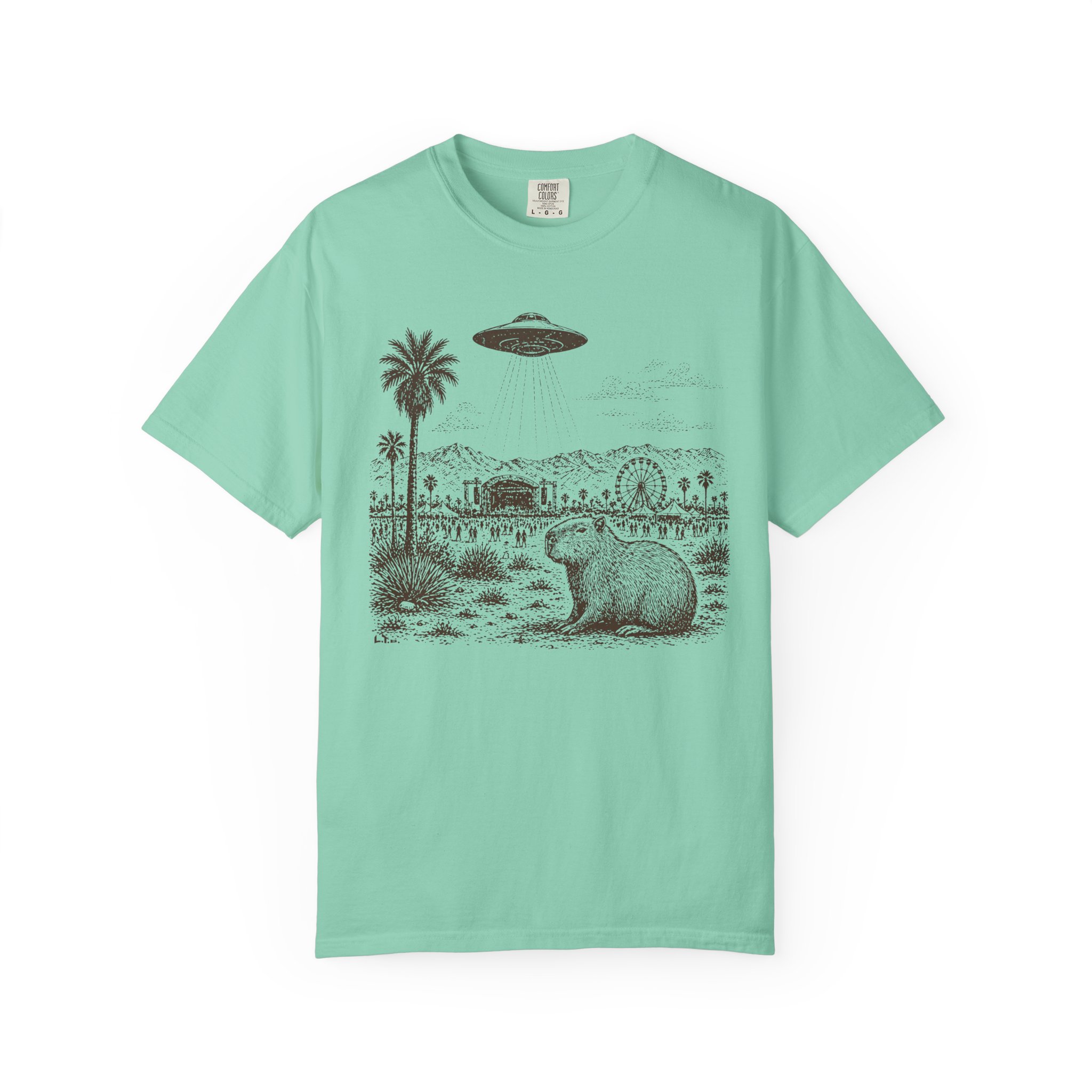Festival Capybara UFO T-Shirt | Surreal Desert Scene Streetwear Tee - Image 5
