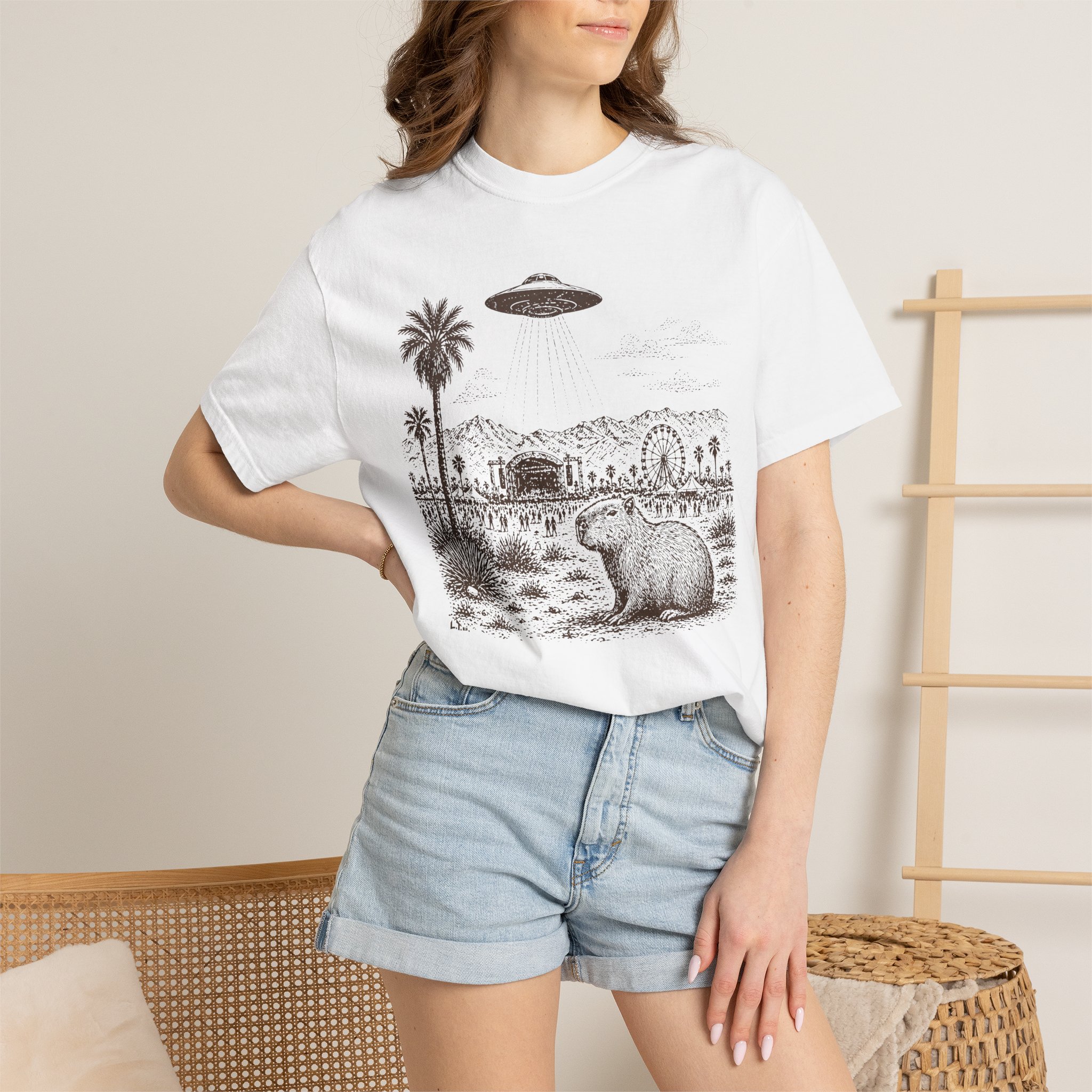 Festival Capybara UFO T-Shirt | Surreal Desert Scene Streetwear Tee - Image 2