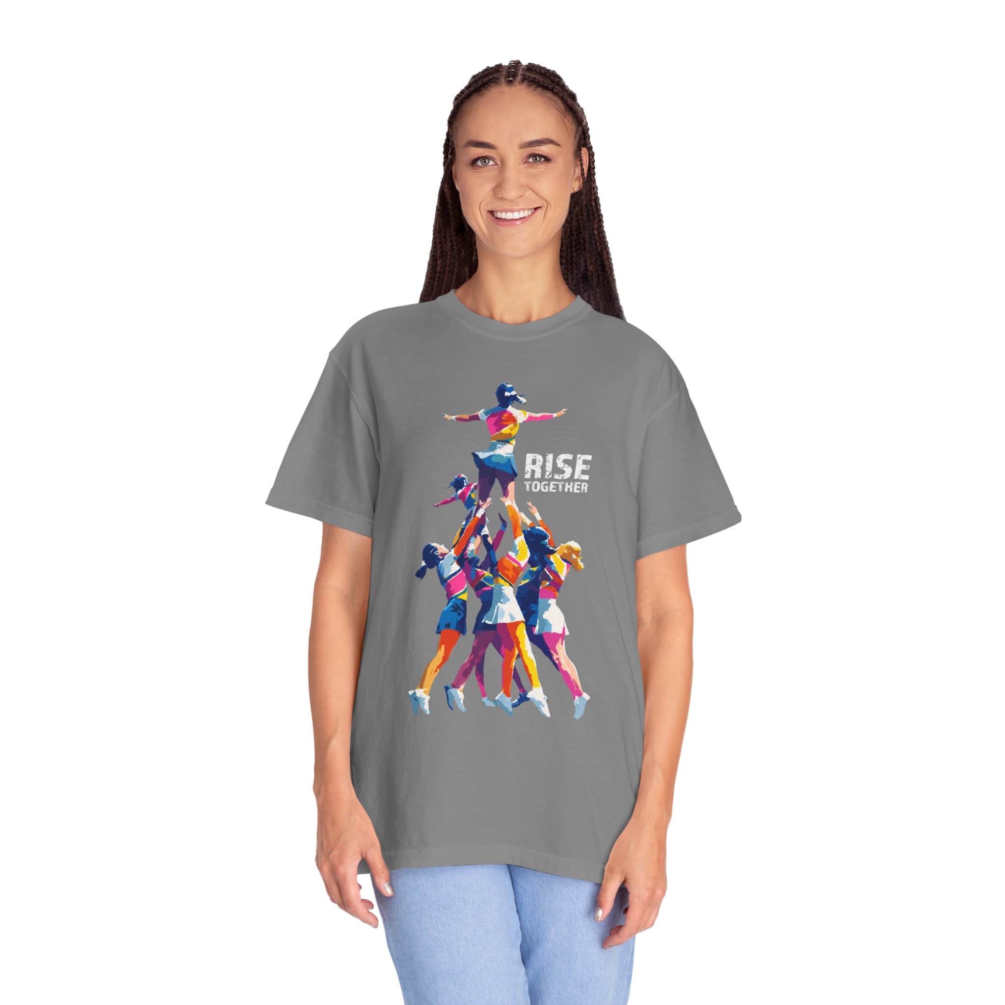 Rise Together T-Shirt — Colorful Cheerleading Pyramid Unity Streetwear Tee - Image 2
