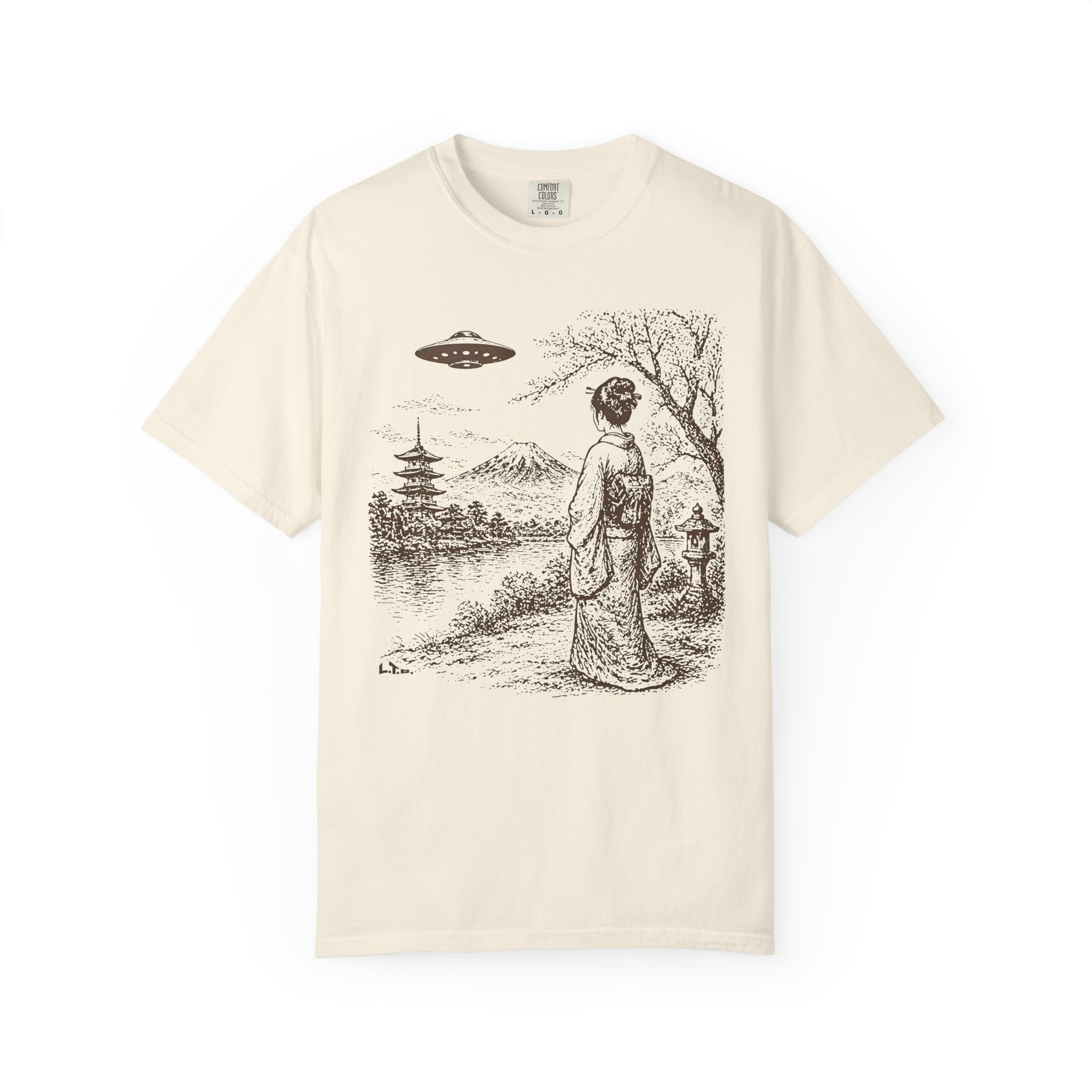 Geisha Japan UFO T-Shirt | Mount Fuji Sci‑Fi Mashup Streetwear Tee - Image 3