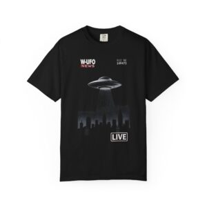 UFO News Live T-Shirt | Sci‑Fi City Skyline UFO Sighting Graphic Tee