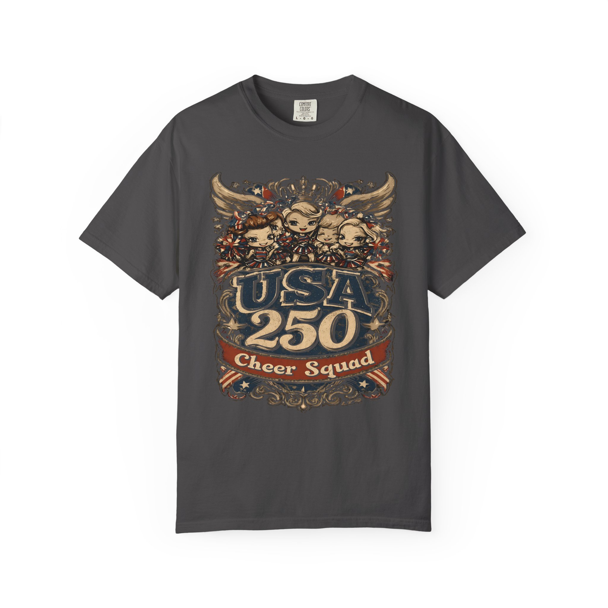 USA 250 Cheer Squad T-Shirt | Patriotic Cheerleader Cartoon Streetwear Tee - Image 8