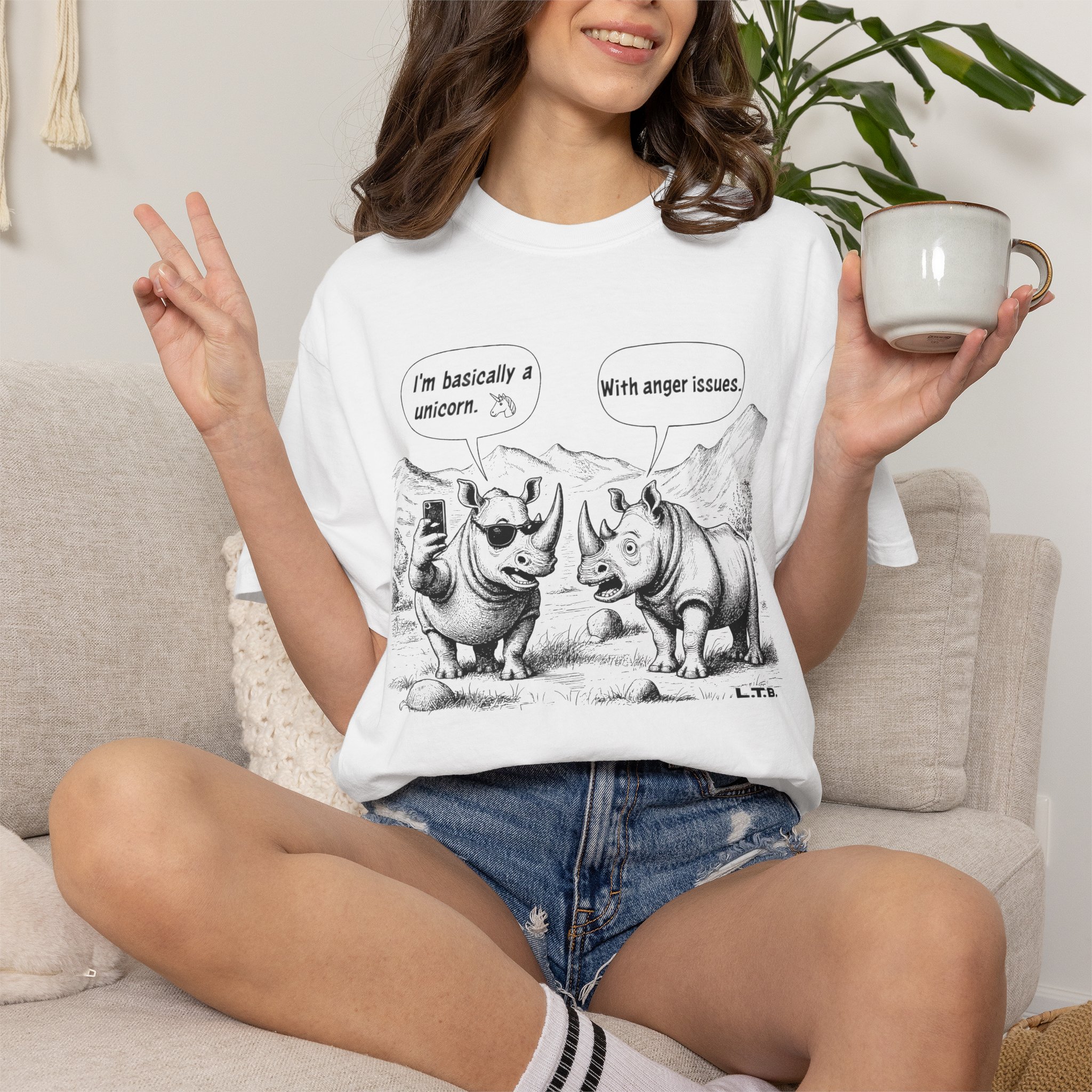 Rhino Cartoon T-Shirt | Funny "I'm basically a unicorn... with anger issues" Animal Humor Streetwear Tee - Image 2