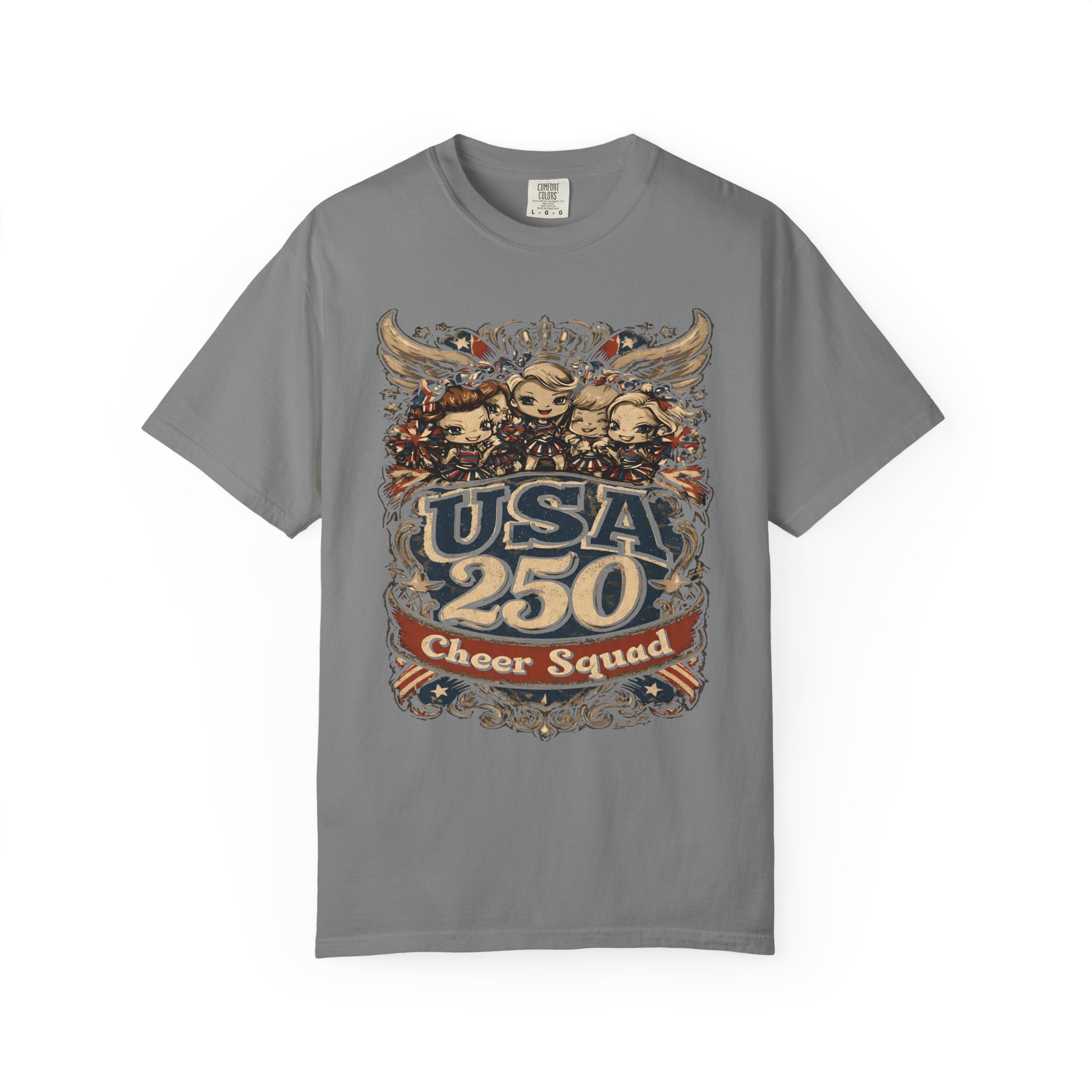 USA 250 Cheer Squad T-Shirt | Patriotic Cheerleader Cartoon Streetwear Tee - Image 3
