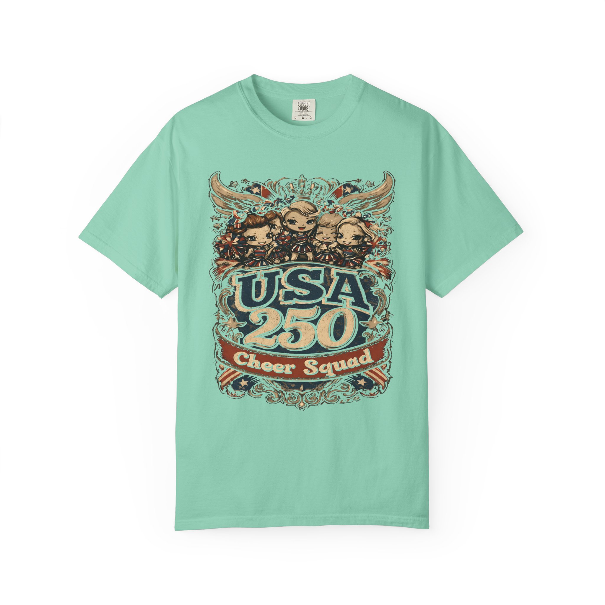 USA 250 Cheer Squad T-Shirt | Patriotic Cheerleader Cartoon Streetwear Tee - Image 4