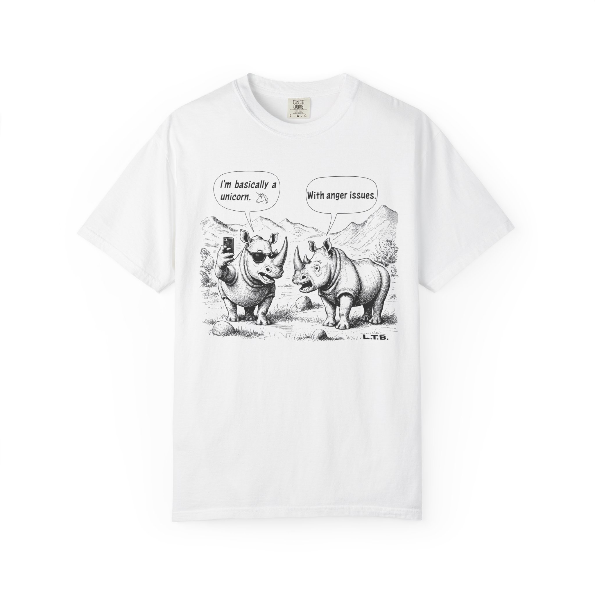 Rhino Cartoon T-Shirt | Funny "I'm basically a unicorn... with anger issues" Animal Humor Streetwear Tee