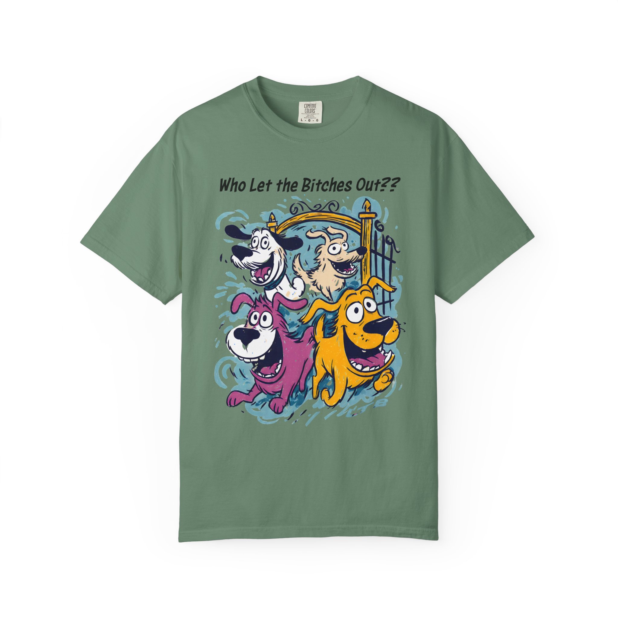 Who Let the Bitches Out T-Shirt | Funny Running Dogs Cartoon Streetwear Tee - Image 7