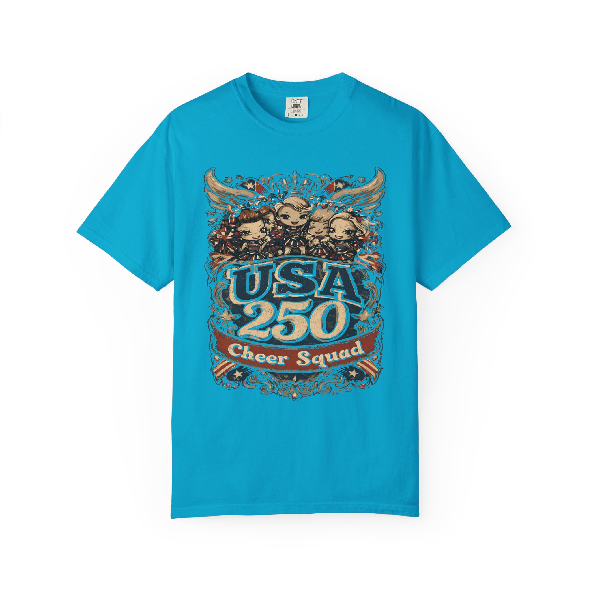 USA 250 Cheer Squad T-Shirt | Patriotic Cheerleader Cartoon Streetwear Tee - Image 5