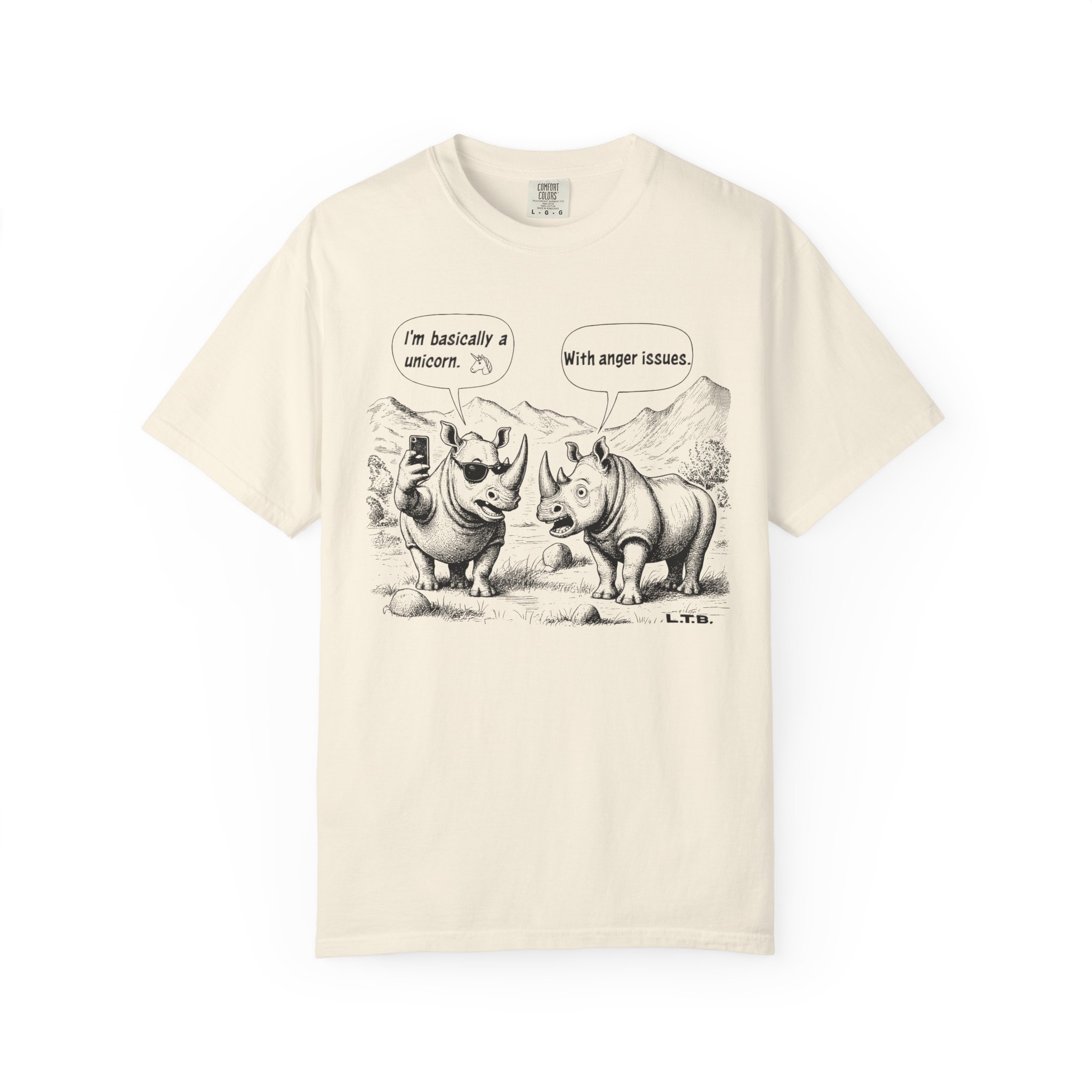 Rhino Cartoon T-Shirt | Funny "I'm basically a unicorn... with anger issues" Animal Humor Streetwear Tee - Image 3