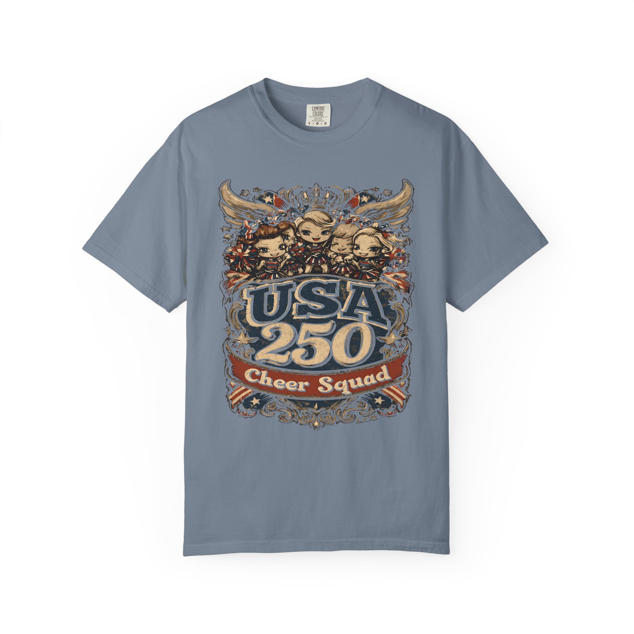 USA 250 Cheer Squad T-Shirt | Patriotic Cheerleader Cartoon Streetwear Tee - Image 7