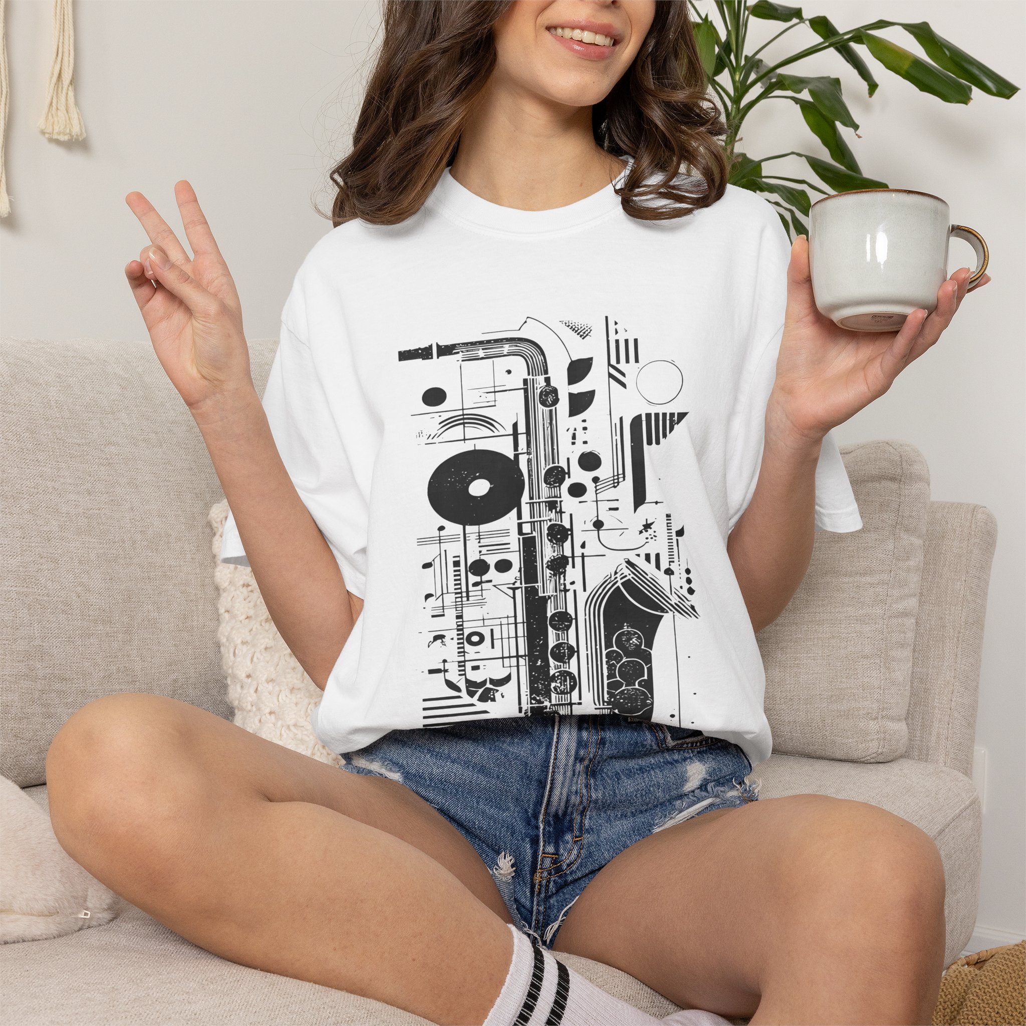 Saxophone Geometric Graphic T-Shirt | Abstract Jazz Instrument Streetwear Tee - Image 2