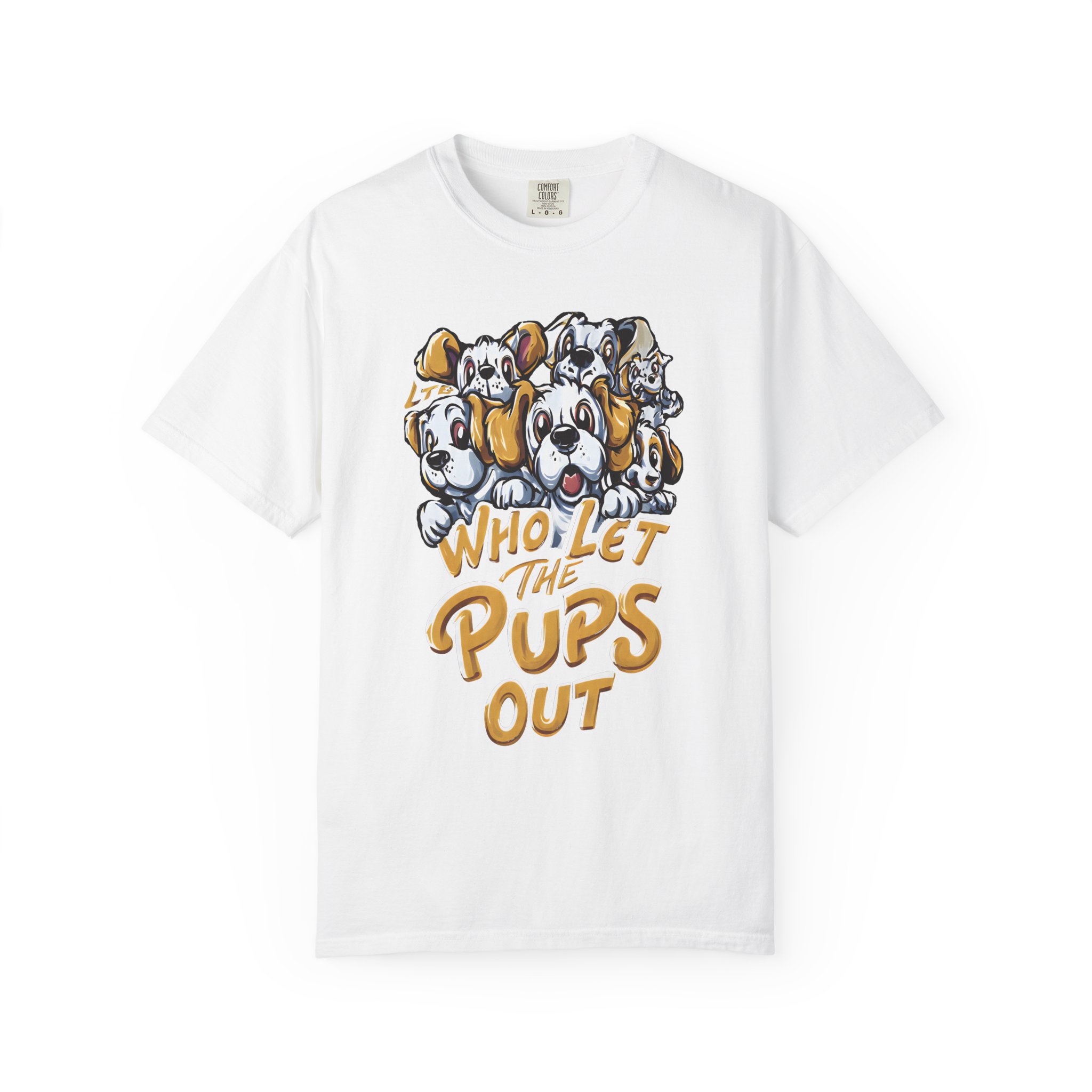 Who Let the Pups Out T-Shirt | Cute Cartoon Puppy Lineup Fun Streetwear Tee - Image 2