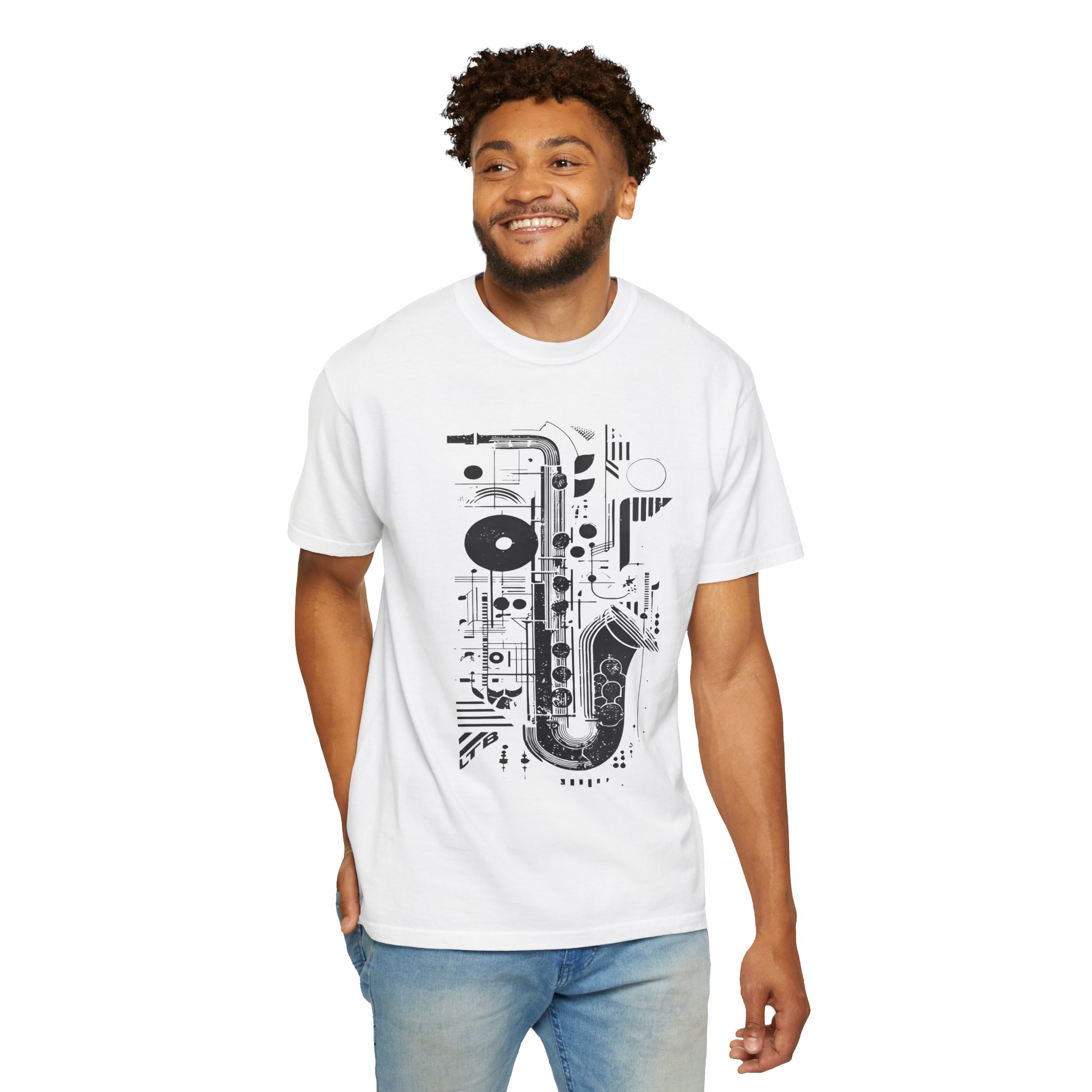 Saxophone Geometric Graphic T-Shirt | Abstract Jazz Instrument Streetwear Tee - Image 3