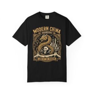 Modern China T-Shirt | Dragon & Panda Art With Shanghai Skyline Tee