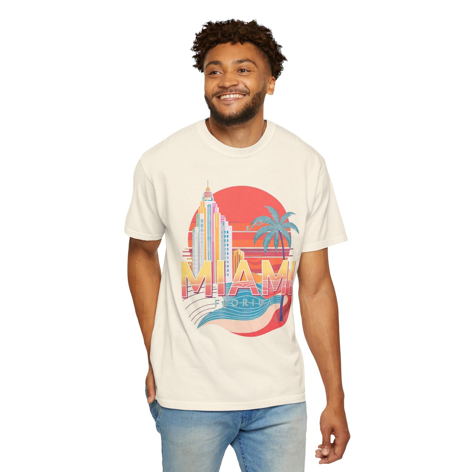 Miami Florida T-Shirt | Vintage Palm Beach Skyline Vacation Streetwear Tee - Image 2