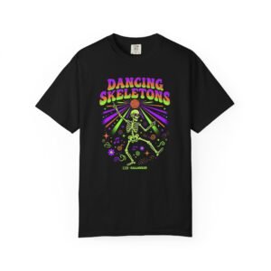Dancing Skeletons Neon Halloween T-Shirt | Retro Disco Spooky Season Tee