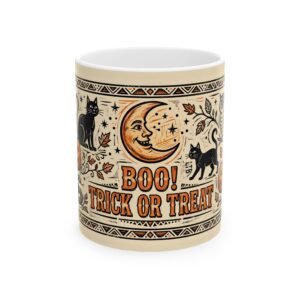 Vintage Boo Trick or Treat Mug | Black Cat Pumpkin Halloween Ceramic Coffee Mug