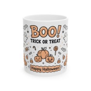 Boo Trick or Treat Happy Halloween Mug | Cute Cat Ghost Pumpkin Ceramic Coffee Mug