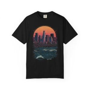 Los Angeles Sunset City Double Sided T-Shirt | LA Skyline Beach Front & Back Graphic Tee