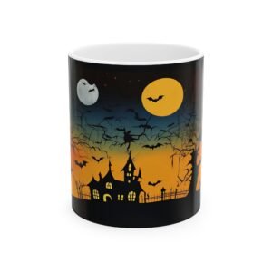Happy Halloween Mug | Spooky Season Haunted House Bats Full Moon Ceramic Coffee Mug