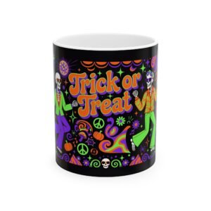 Trick or Treat Halloween Mug | Retro Psychedelic Dancing Skeleton Ceramic Coffee Mug