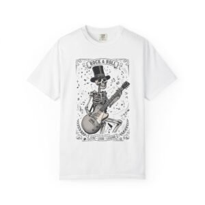 Halloween Double Sided T-Shirt | Rock & Roll Skeleton Guitar Front Back Tee