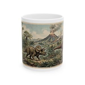 Dinosaur Volcano Landscape Mug | Prehistoric Jurassic Ceramic Coffee Mug